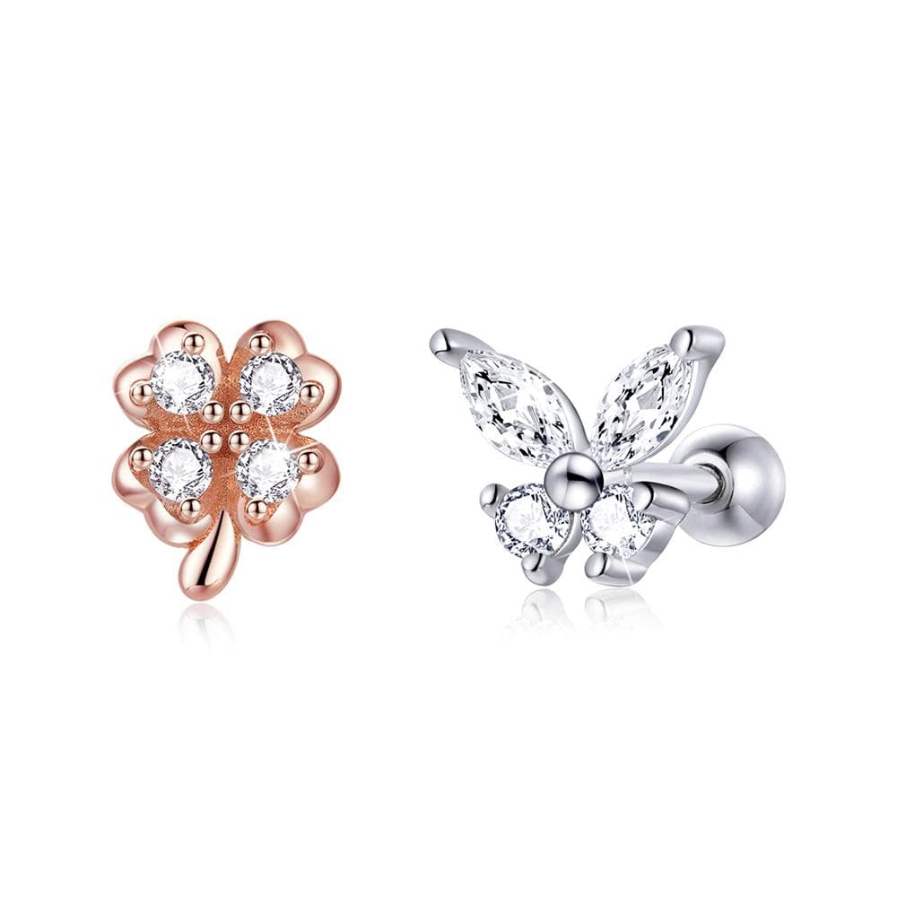 Solid 925 Sterling Silver Mismatch Butterfly Clover Zirconias Stud Earrings