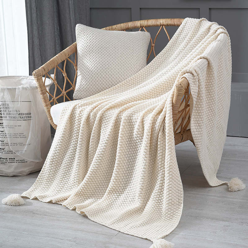 130*170cm Cozy Decorative Knit Woven Throw Blanket Sofa Throw Bed Throw Bed Blanket - Beige