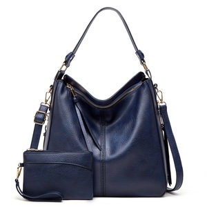 2Pcs/Set Women Handbag PU Leather Women Shoulder Bags Women Messenger Bag Ladies Casual Bag with Purse,Navy