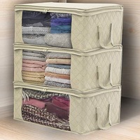 3 Pack Foldable Storage Bag Organizers, Large Clear Window & Carry Handles, Great for Clothes, Blankets, Closets, Bedrooms,Beige