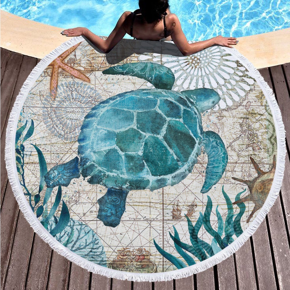 A Turtle on Water Absorbent Sandproof Quick Dry Round Beach Towel Beach Blanket Beach Mat 59 Inches Diameter 40021-1