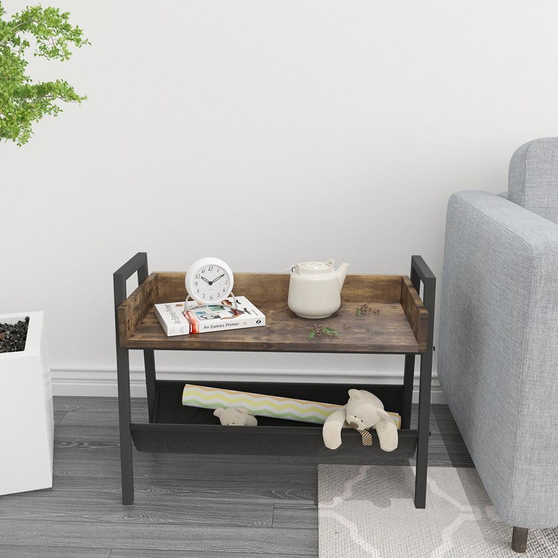 EZI Vintage Narrow End Table with Fabric Magazine Holder Sling, Modern