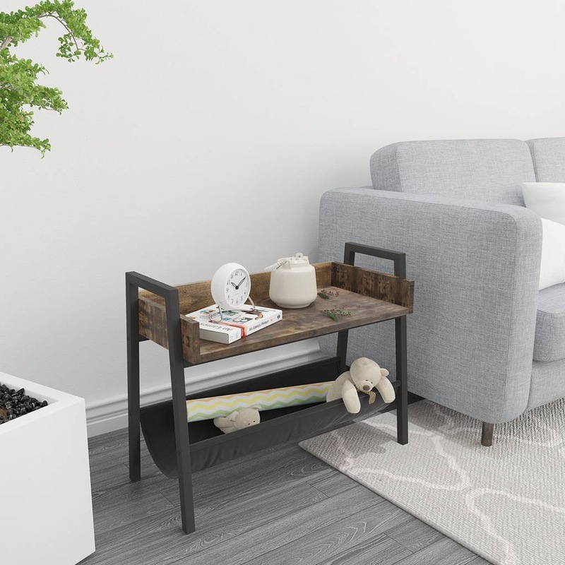 EZI Vintage Narrow End Table with Fabric Magazine Holder Sling, Modern