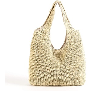 Hand-woven Large Straw Beach Bag Shoulder Bag Boho Straw Beach Bag Handle Tote Retro Summer Beach Bag,Beige