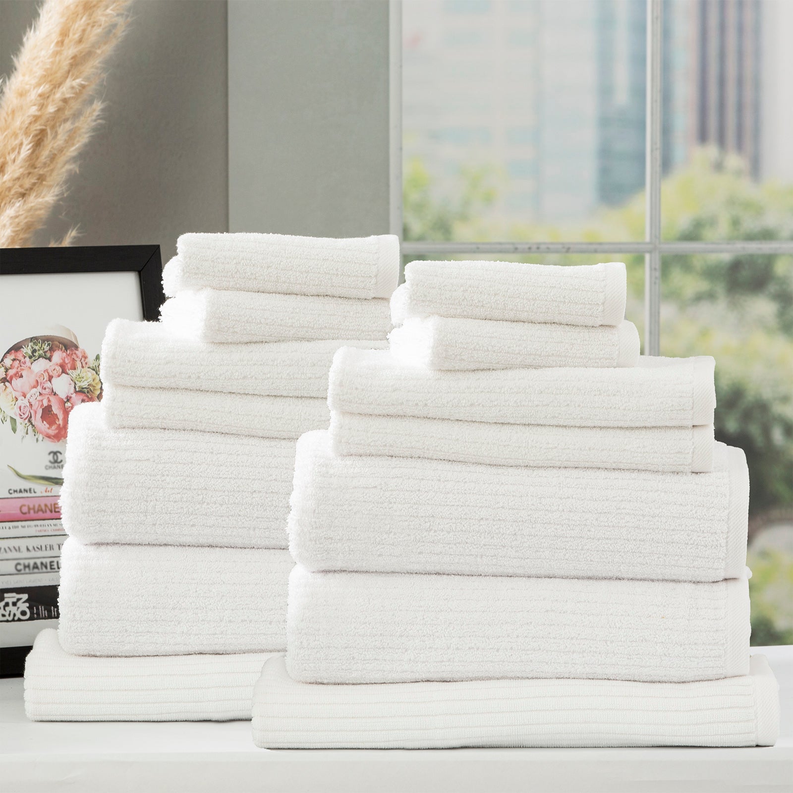 Renee Taylor Cobblestone 650 GSM Cotton Ribbed Towel Packs 14pc White