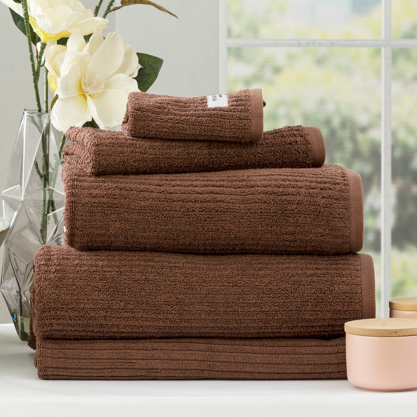 Renee Taylor Cobblestone 650 GSM Cotton Ribbed Towel Packs 5pc Toffee