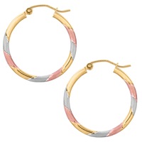 10k Tricolor White Yellow And Rose Gold Satin And Shiny Round Hoop Earrings, Diameter 25mm