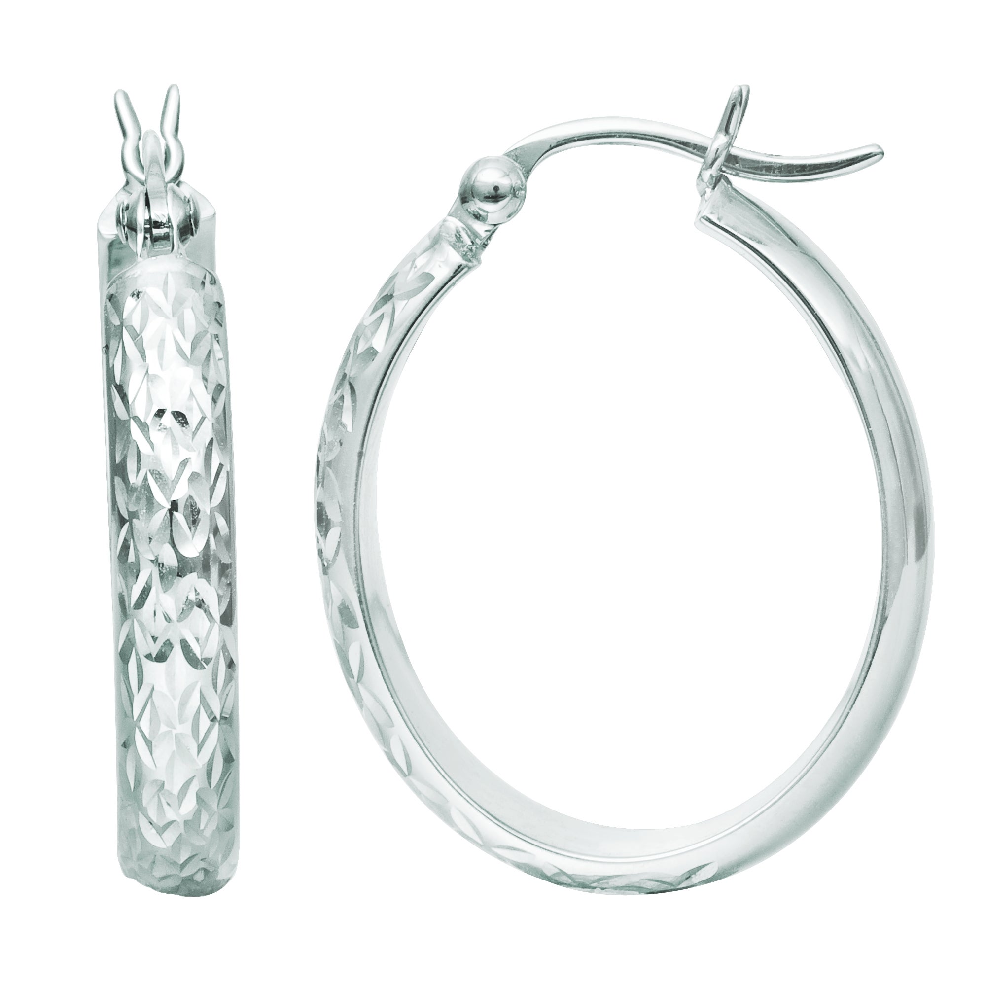 14K White Gold Hammered Polished Oval Hoop Earrings