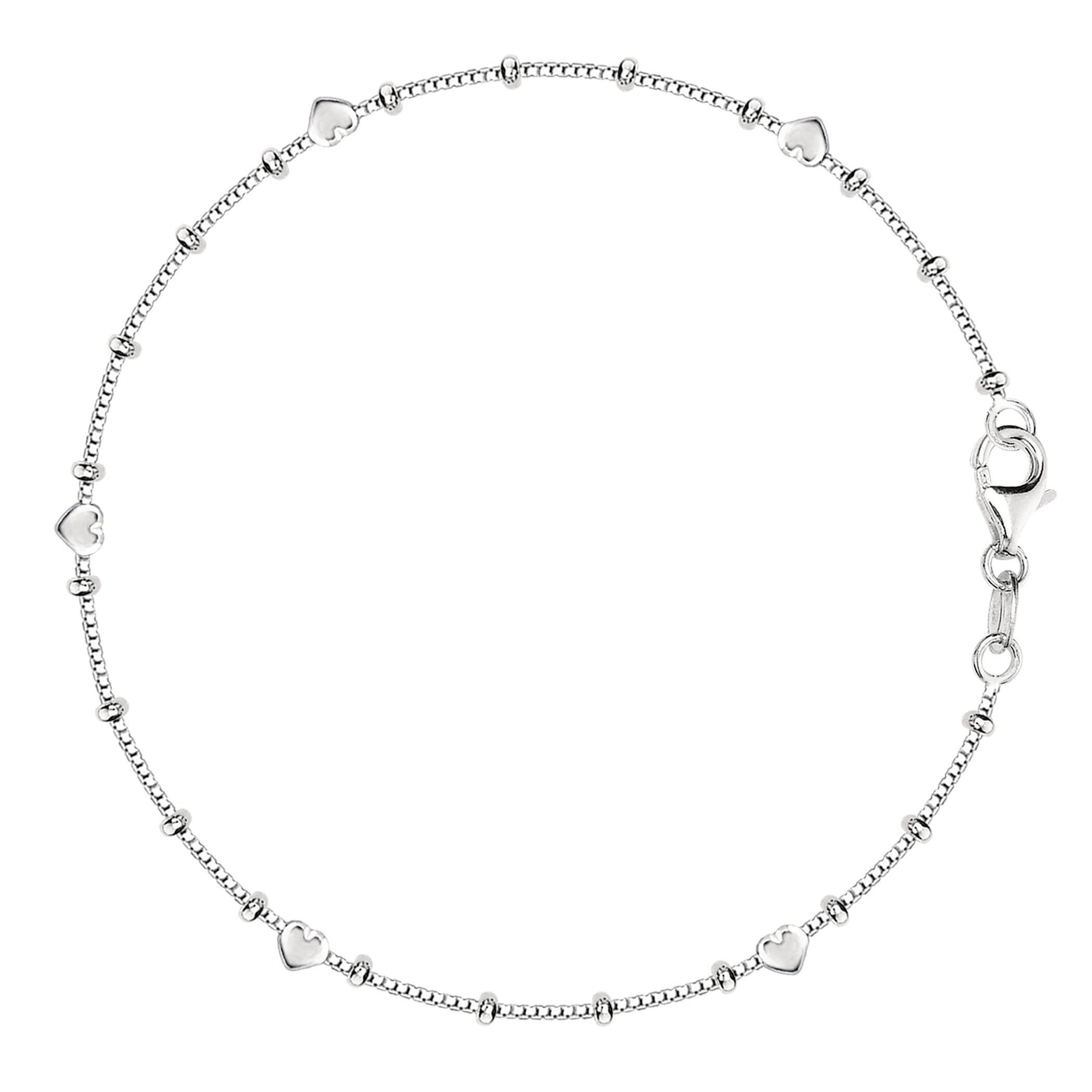 Box Chain With Heart Beads Anklet In Sterling Silver