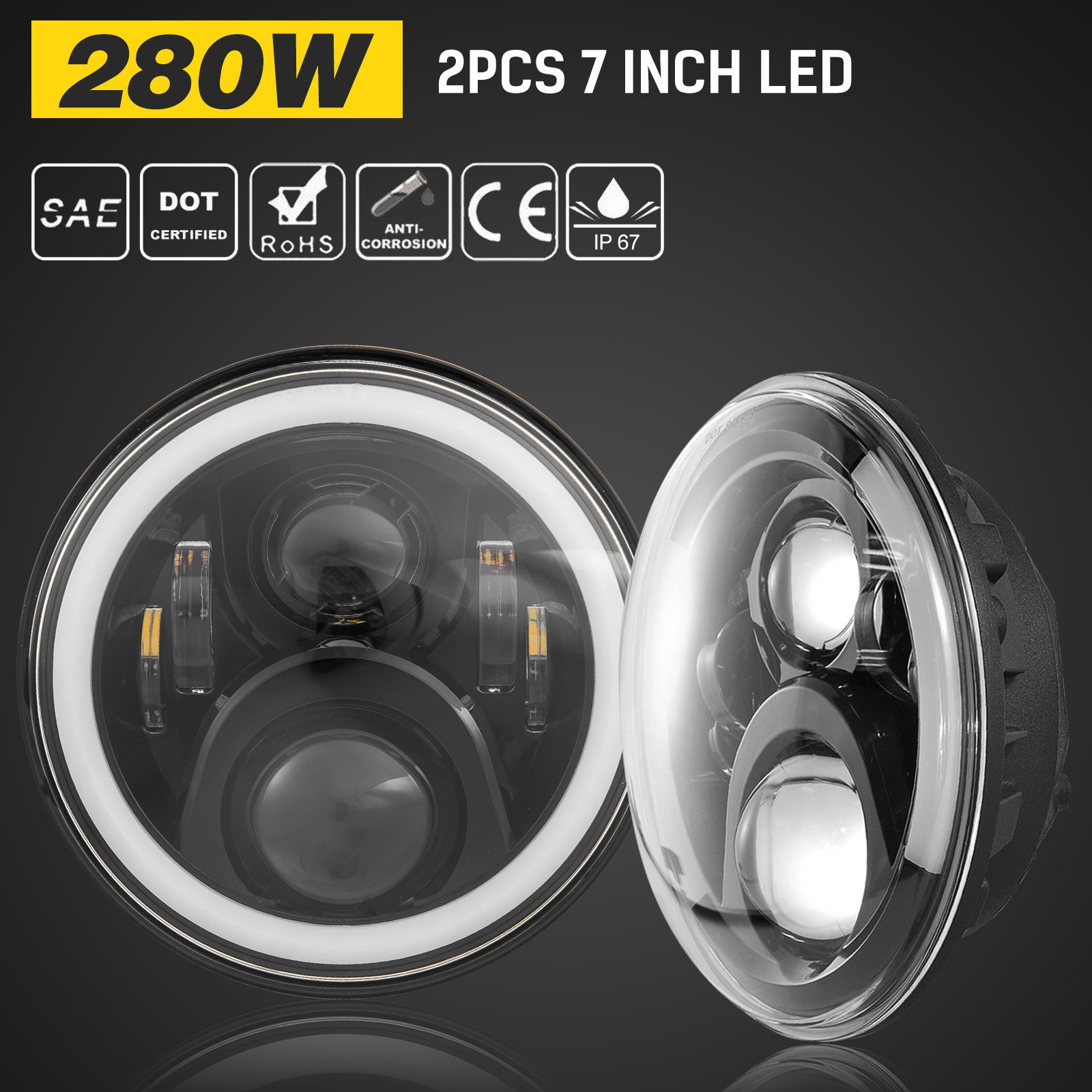 Pair 7 Inch Round LED Headlights Halo Angle Eyes FIT Jeep Wrangler JK Pair 7 Inch Round LED Headlights Halo Angle Eyes FIT Jeep Wrangler JK