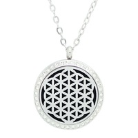 Flower of Life Aromatherapy Essential Oil Diffuser Necklace Silver with Crystals - Free Chain - Mothers Day Gift Idea