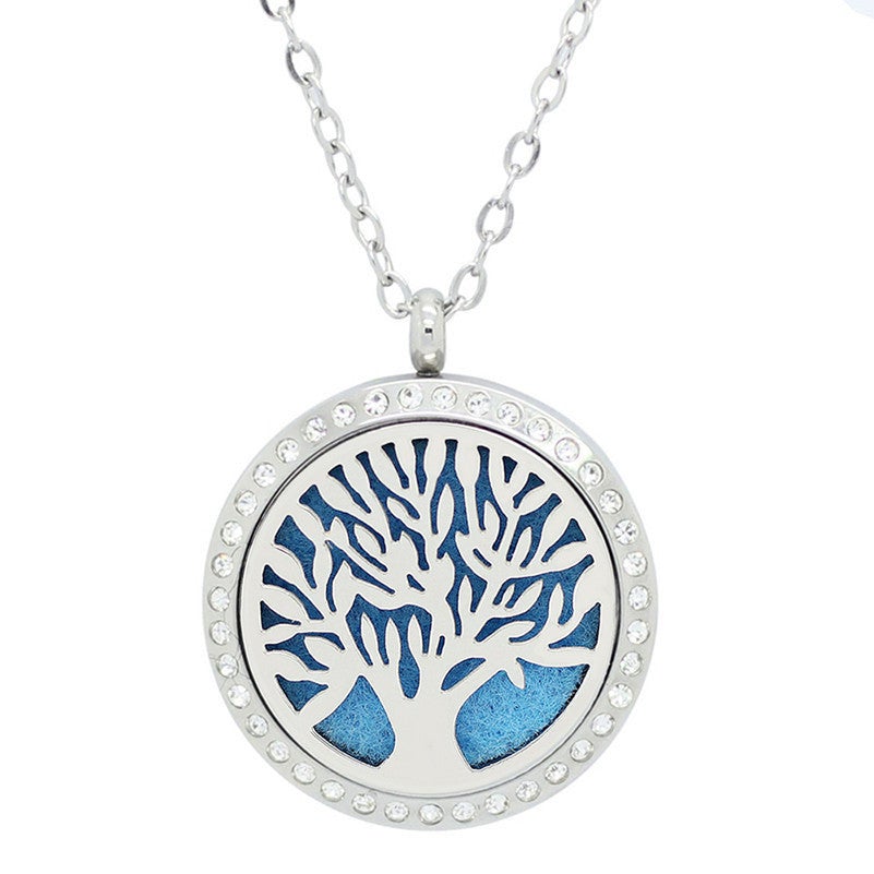 Tree of Life Aromatherapy Essential Oils Diffuser Necklace Silver with Crystals - Free Chain - Mothers Day Gift Idea