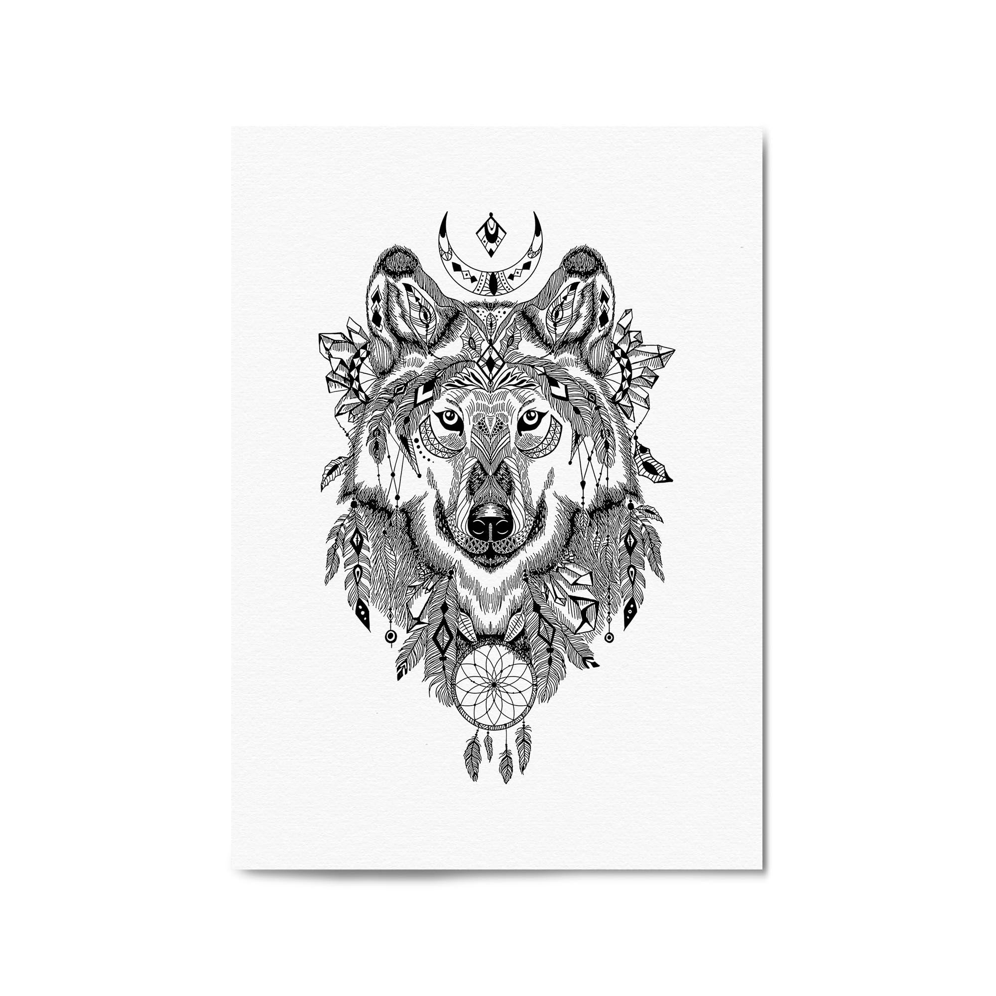Aztec Wolf Drawing Boho Spirit Animal Wall Art
