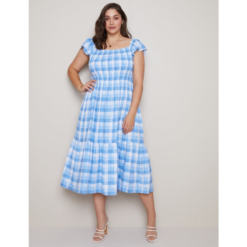 Buy AUTOGRAPH - Plus Size - Womens Midi Dress - Blue - Summer Casual Cotton  Dresses - Check - Short Sleeve - Check Print - Off Shoulder - Women's  Clothing - MyDeal