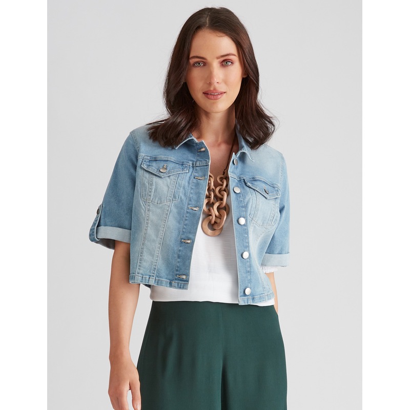Buy KATIES Womens Jackets & Vests Elbow Sleeve Crop Denim Jacket