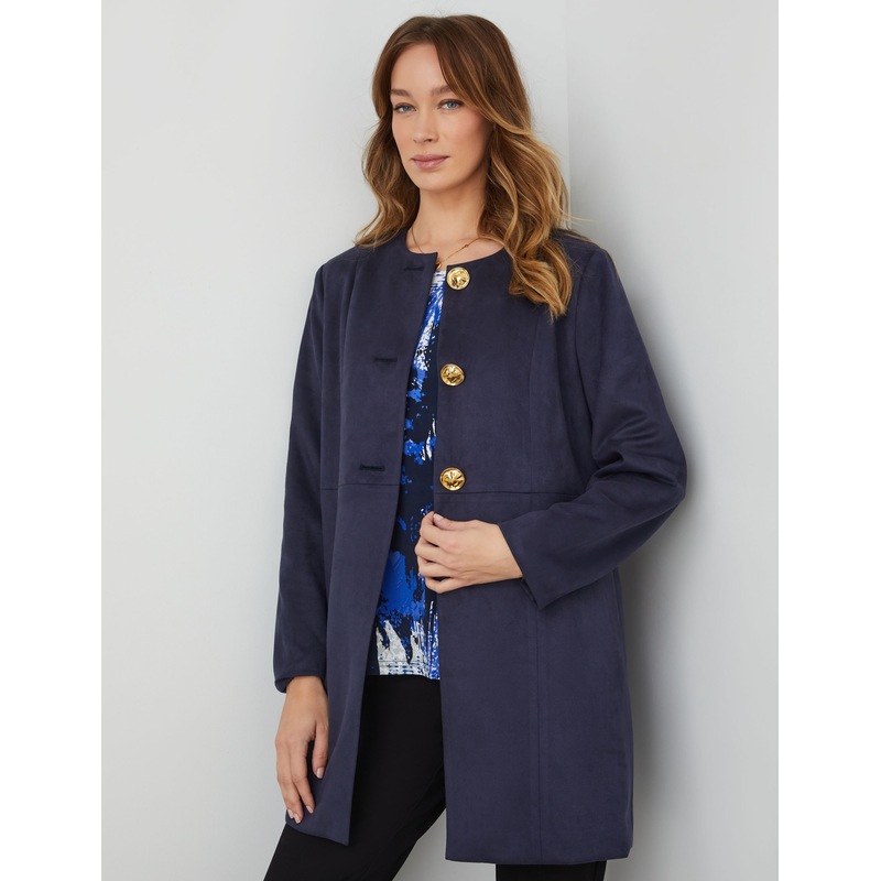 Buy NONI B - Womens Long Coat - Blue Winter Jacket - 3 Button - Suede ...