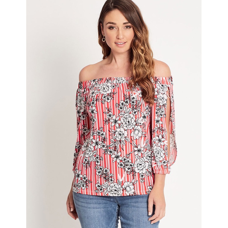 Buy KATIES Womens Tops Red White Stripe Floral Print 3/4