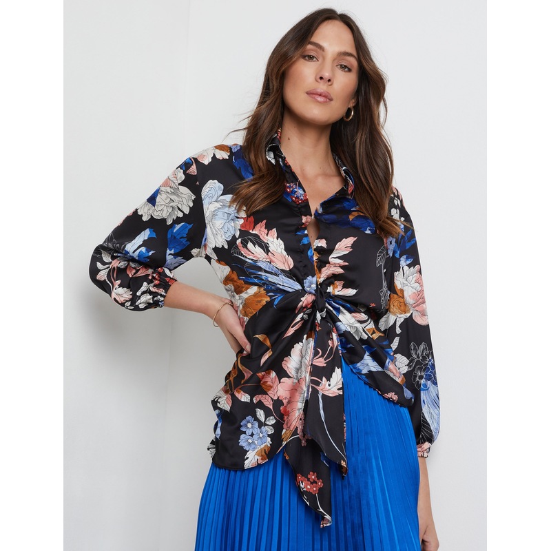 Buy KATIES Womens Tops Blue Floral Print 3/4 Sleeve Tie Front