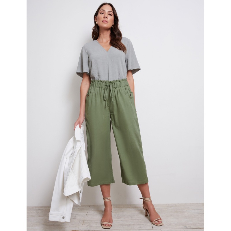 Buy KATIES Womens Pants Sage Green Capri Pant Linen Blend