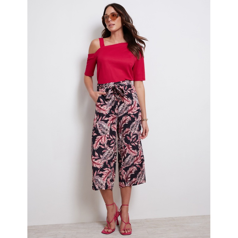 Buy KATIES Womens Pants Navy Blue French Leaf Print Crop Wide