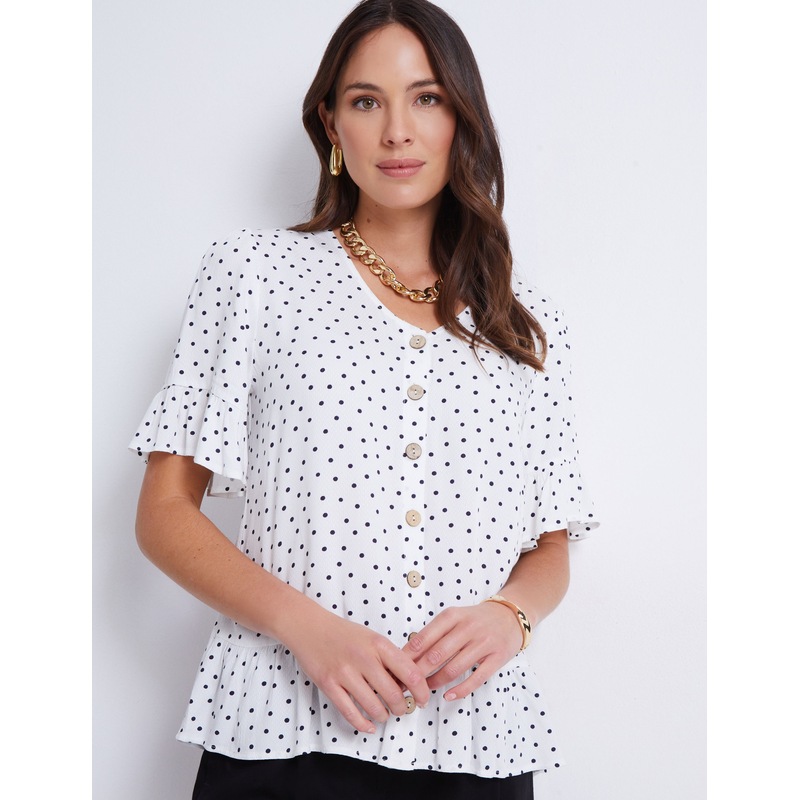 Buy KATIES Womens Tops White Navy Blue Spot Print Short Sleeve