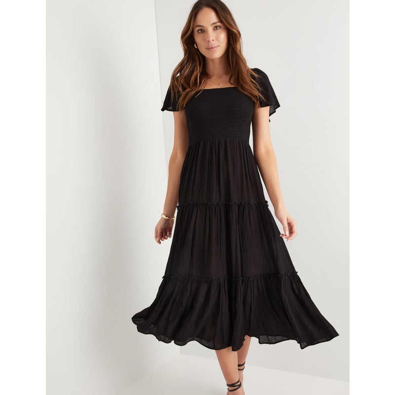 Buy Womens Katies Flutter Cap Sleeve Tiered Maxi Dress - Clothing ...