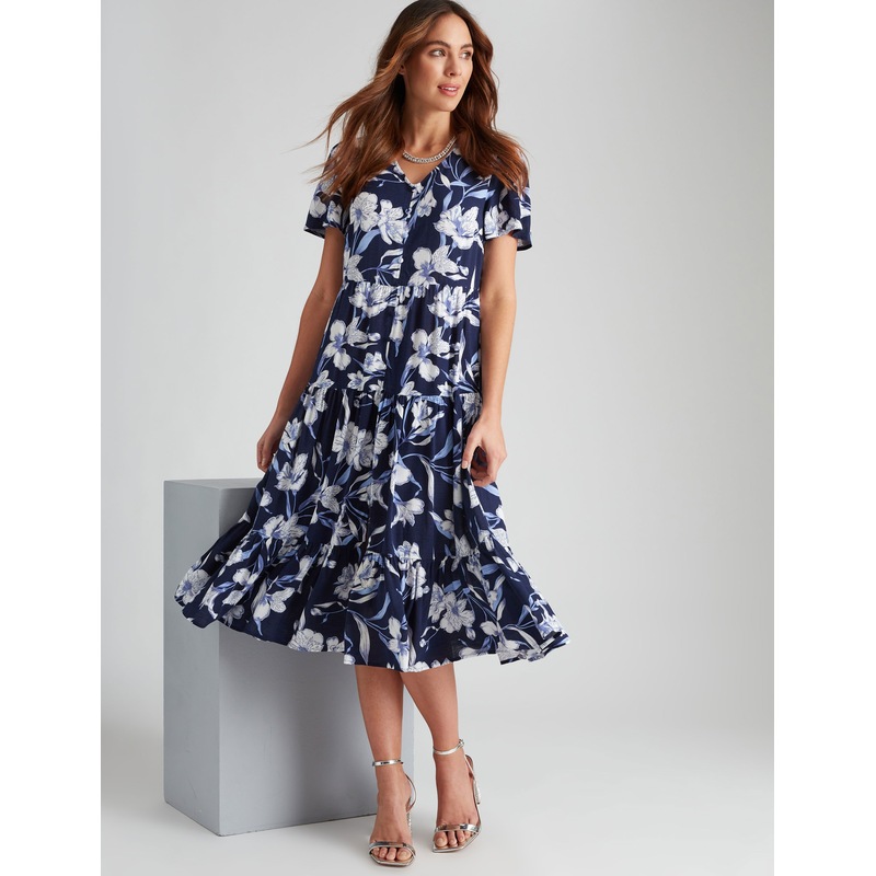 Buy Womens Katies Flutter Sleeve Button Front Tiered Maxi Dress