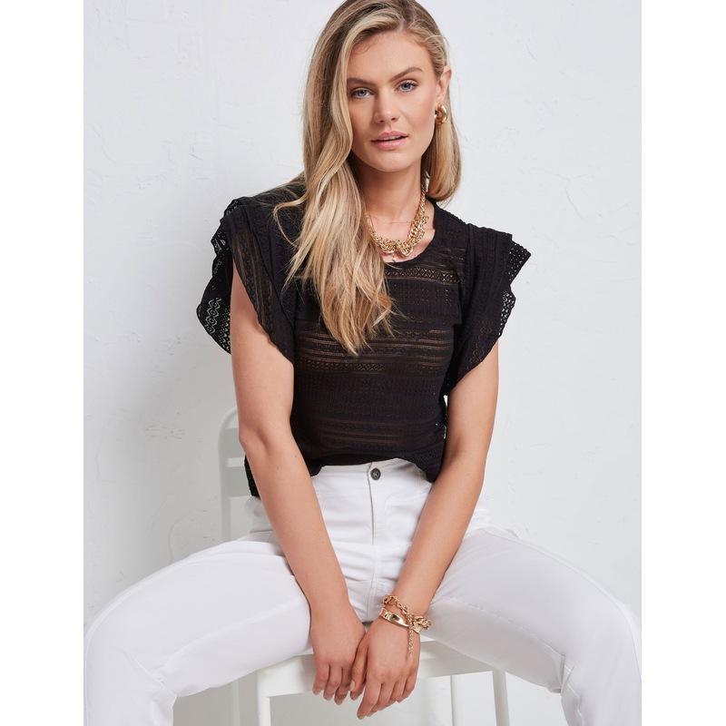 Buy KATIES Womens Tops Black Ruffle Short Sleeve Lace Top