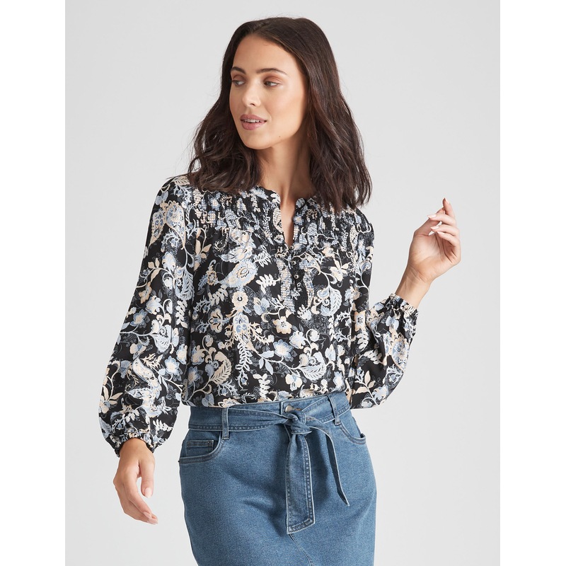 Buy KATIES Womens Tops Blue Paisley Print Smocked Trim Top Long