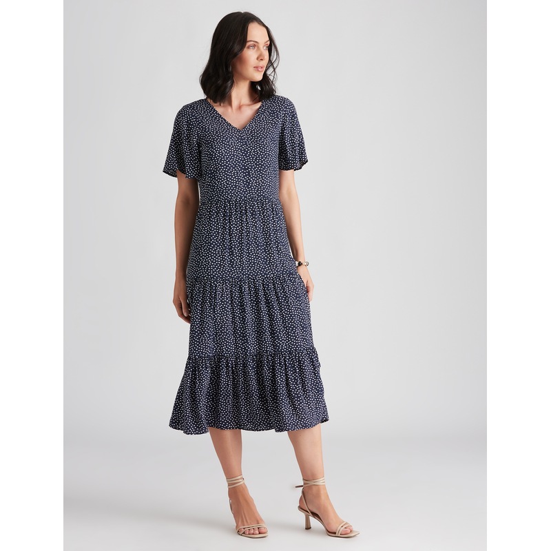 Buy KATIES Womens Dresses Navy Spot Midi Dress VNeck Tiered