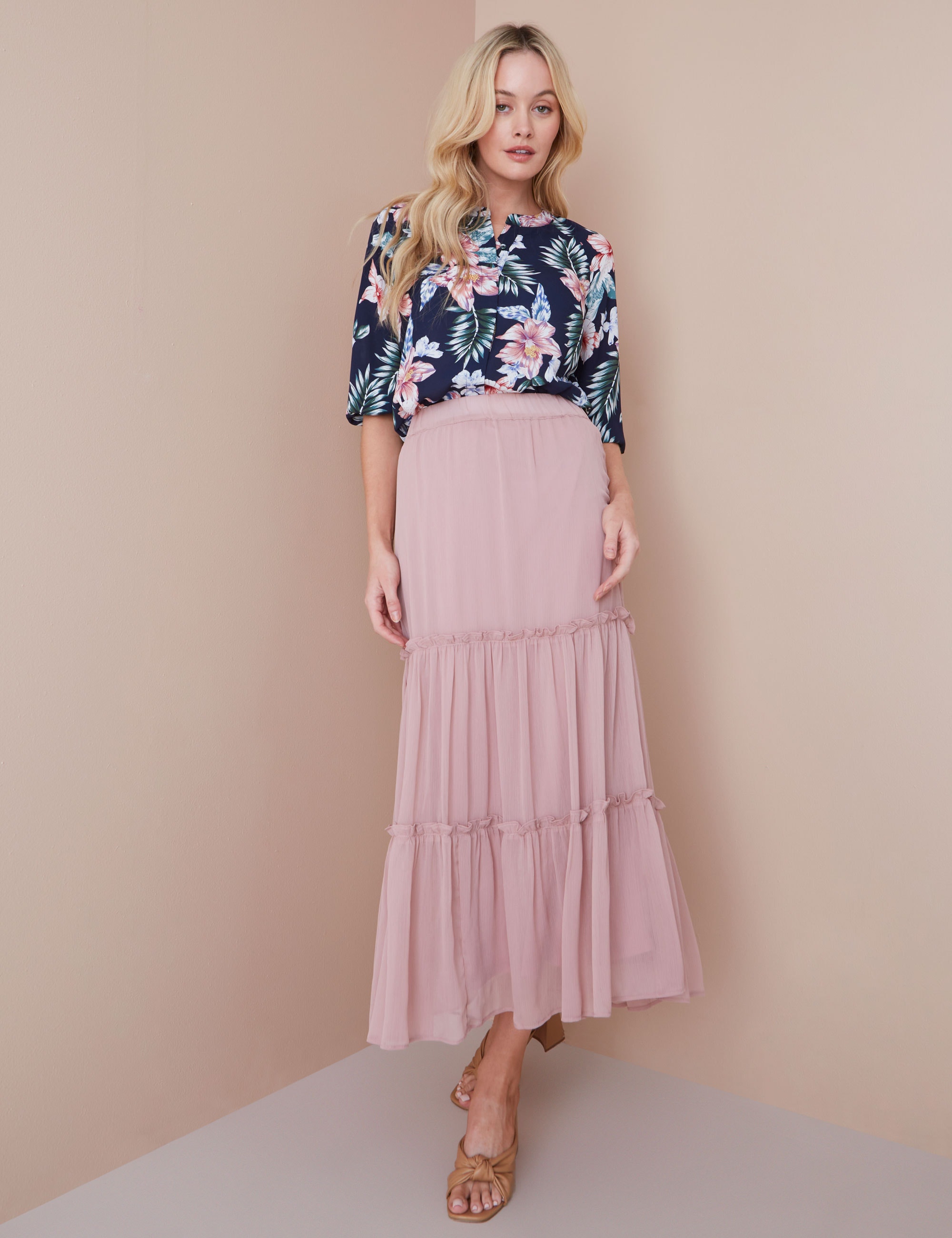 Buy NONI B - Womens Skirts - Dusty Pink - Tiered Skirt - Printed - Maxi ...