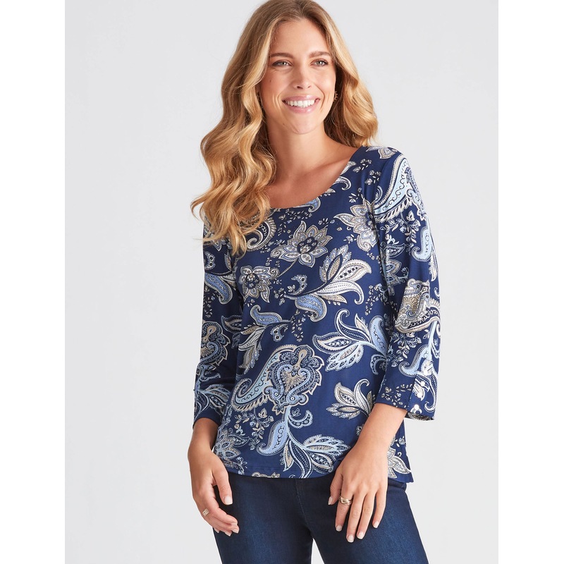 Buy ROCKMANS - Womens Tops - 3/4 Sleeve Blue Paisley Print Top - MyDeal