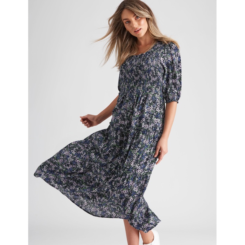 Buy Womens Rockmans Elbow Sleeve Shirred Midi Dress ALine Clothing