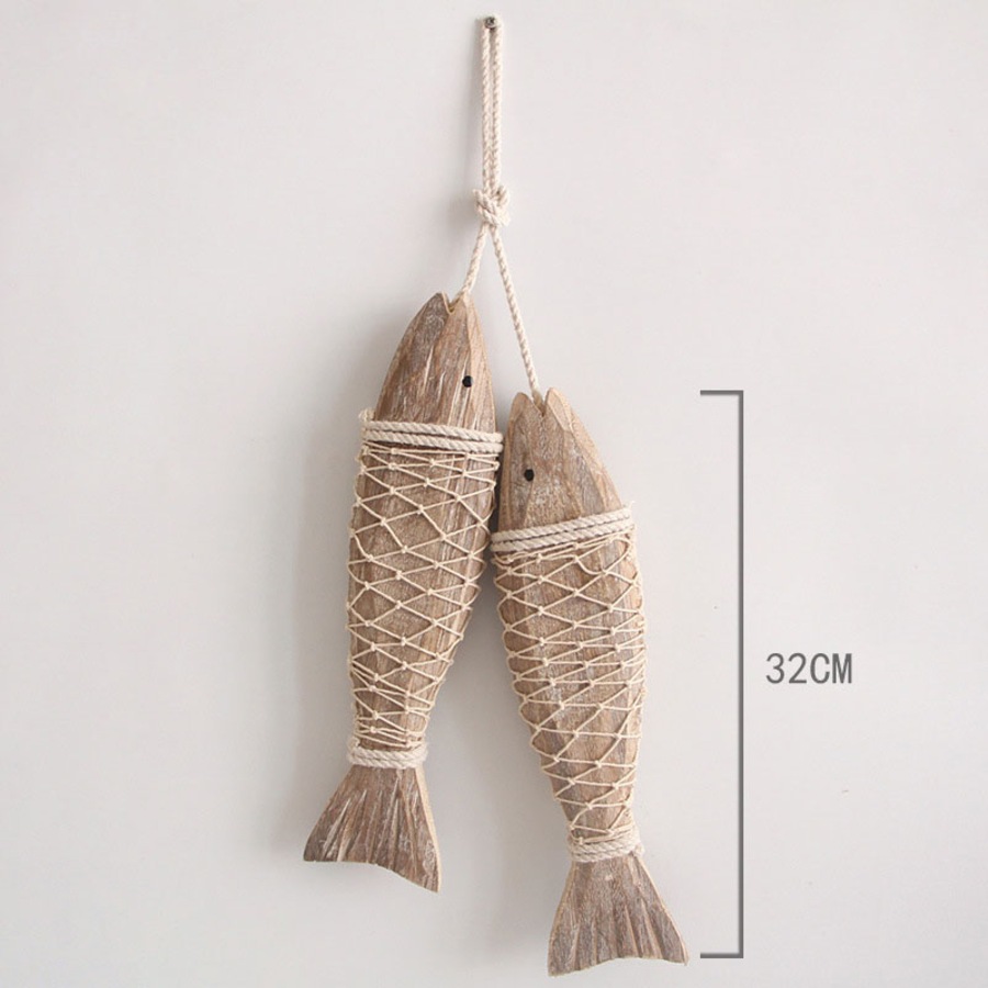 Catzon 1 Pair Wooden Fish Decorations Hanging Wood for Wall Beach Theme Home Decor-L