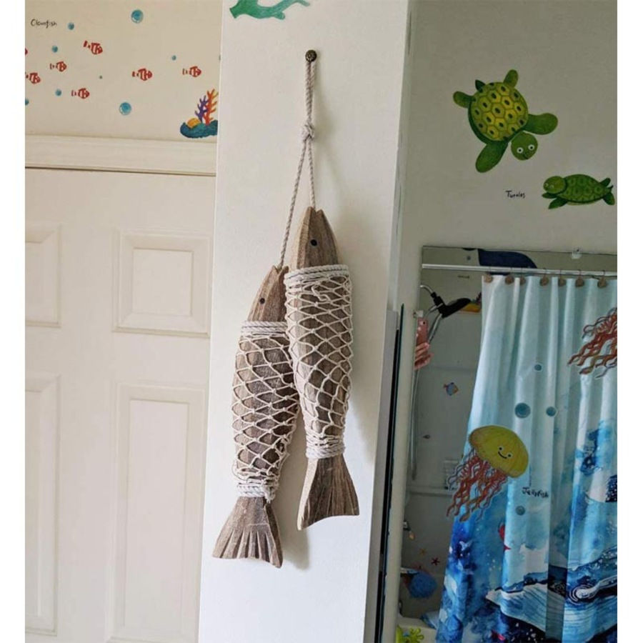 Catzon 1 Pair Wooden Fish Decorations Hanging Wood for Wall Beach Theme Home Decor-L