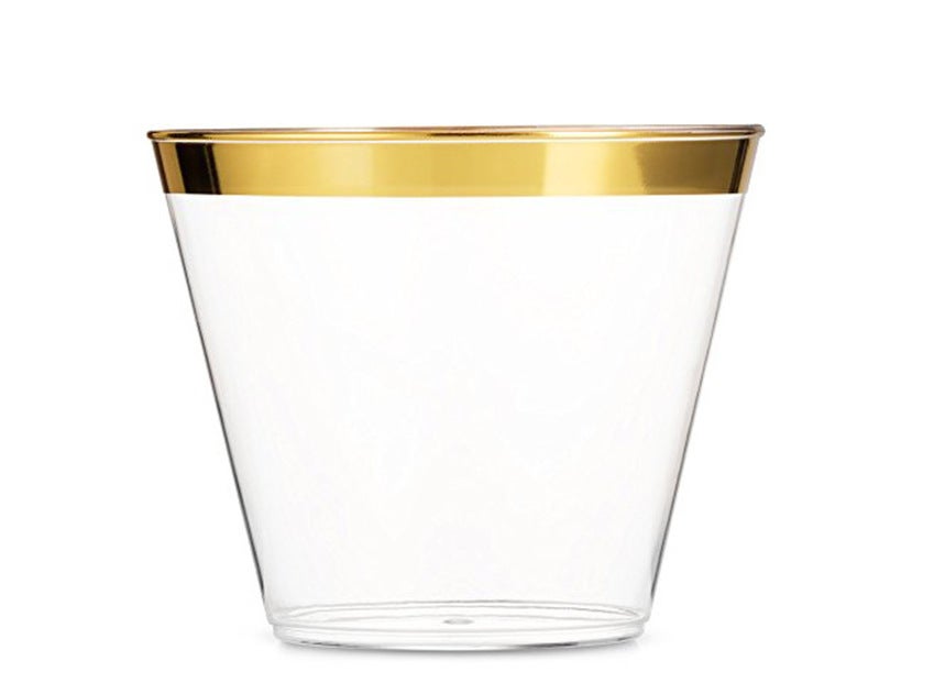 Catzon 100Pcs Gold Plastic Cups 9 Oz Clear Plastic Cups Fancy Disposable Wedding Cups Elegant Party Cups with Gold Rim