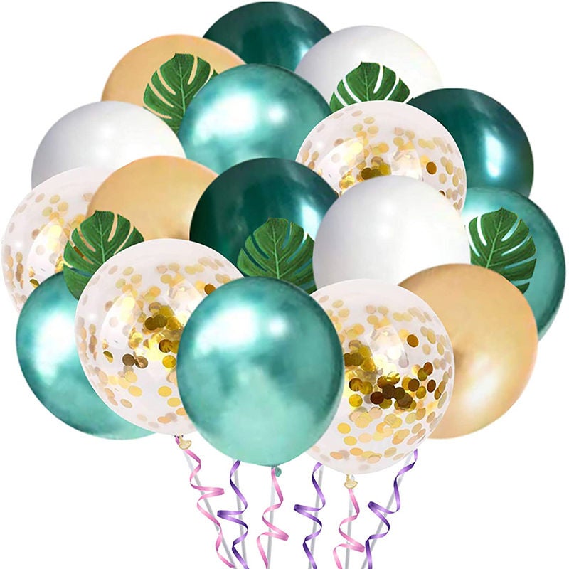 Catzon 12 Inches Jungle Theme Party Balloons 50 Packs Green White Gold Latex Balloons with 10pcs Palm Leaves for Party Decorations