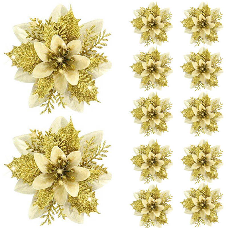 Buy Catzon 12 Pcs Poinsettia Flowers Ornaments Glitter Artificial ...