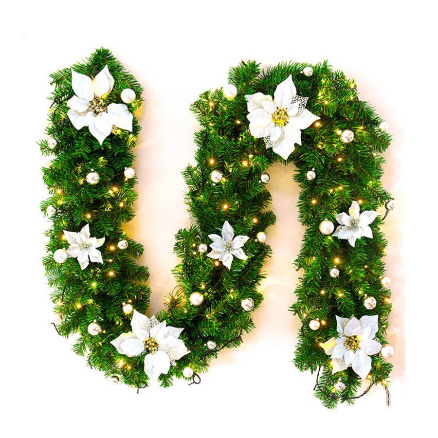 Catzon 2.7M Christmas Garland with Lights Rattan Artificial Garland Green for Indoor Home Fireplace Stair Decorations-Silver