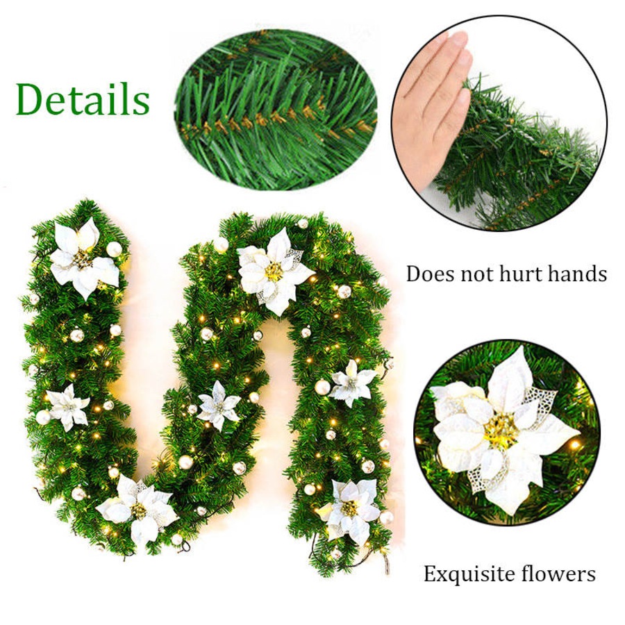 Catzon 2.7M Christmas Garland with Lights Rattan Artificial Garland Green for Indoor Home Fireplace Stair Decorations-Silver