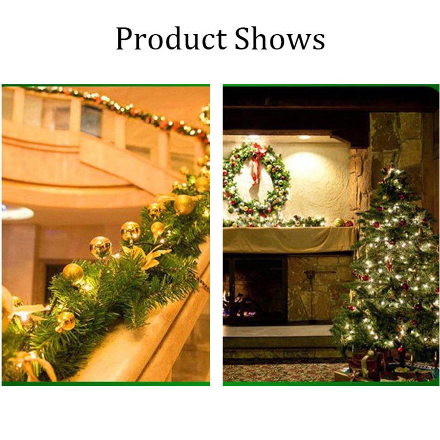 Catzon 2.7M Christmas Garland with Lights Rattan Artificial Garland Green for Indoor Home Fireplace Stair Decorations-Silver