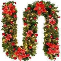 Catzon 2.7M Christmas Garland with Lights Rattan Artificial Garland Green for Indoor Home Fireplace Stair Decorations-Red
