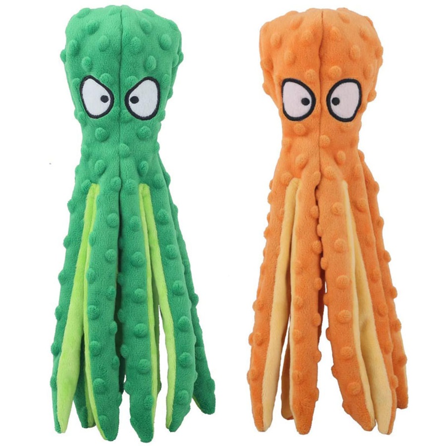 Catzon 2 Pack Dog Squeaky Octopus Toys No Stuffing Crinkle Plush Dog Chew Toys for Puppy Teething-GreenOrange