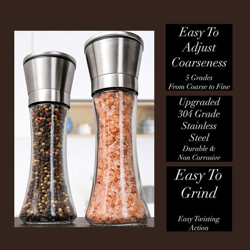 Home EC Premium Stainless Steel Salt and Pepper Grinder Set 4 Pack Adjustable Ceramic Sea Salt Grinder & Pepper Grinder, Tall Glass Salt and Pepper