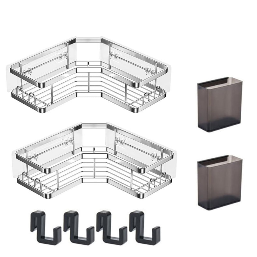 Catzon 2 Pcs Adhesive Corner Shower Caddy with Hooks for Bathroom-Silver-L