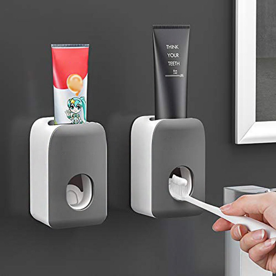 Catzon 2 PCS Automatic Toothpaste Dispenser Wall Mount Bathroom Accessories with Sticky Suction Pad-DarkGrey