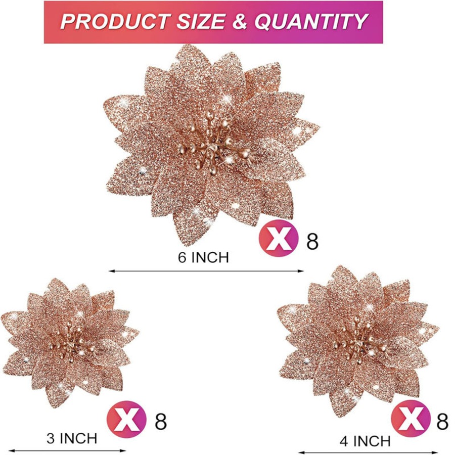 Catzon 24 Pcs Christmas Glitter Poinsettia Flowers for Xmas Tree New Year Decor-RosyGold