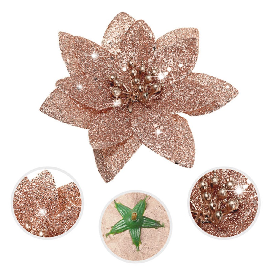 Catzon 24 Pcs Christmas Glitter Poinsettia Flowers for Xmas Tree New Year Decor-RosyGold