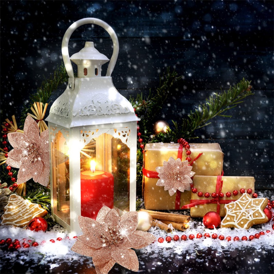 Catzon 24 Pcs Christmas Glitter Poinsettia Flowers for Xmas Tree New Year Decor-RosyGold