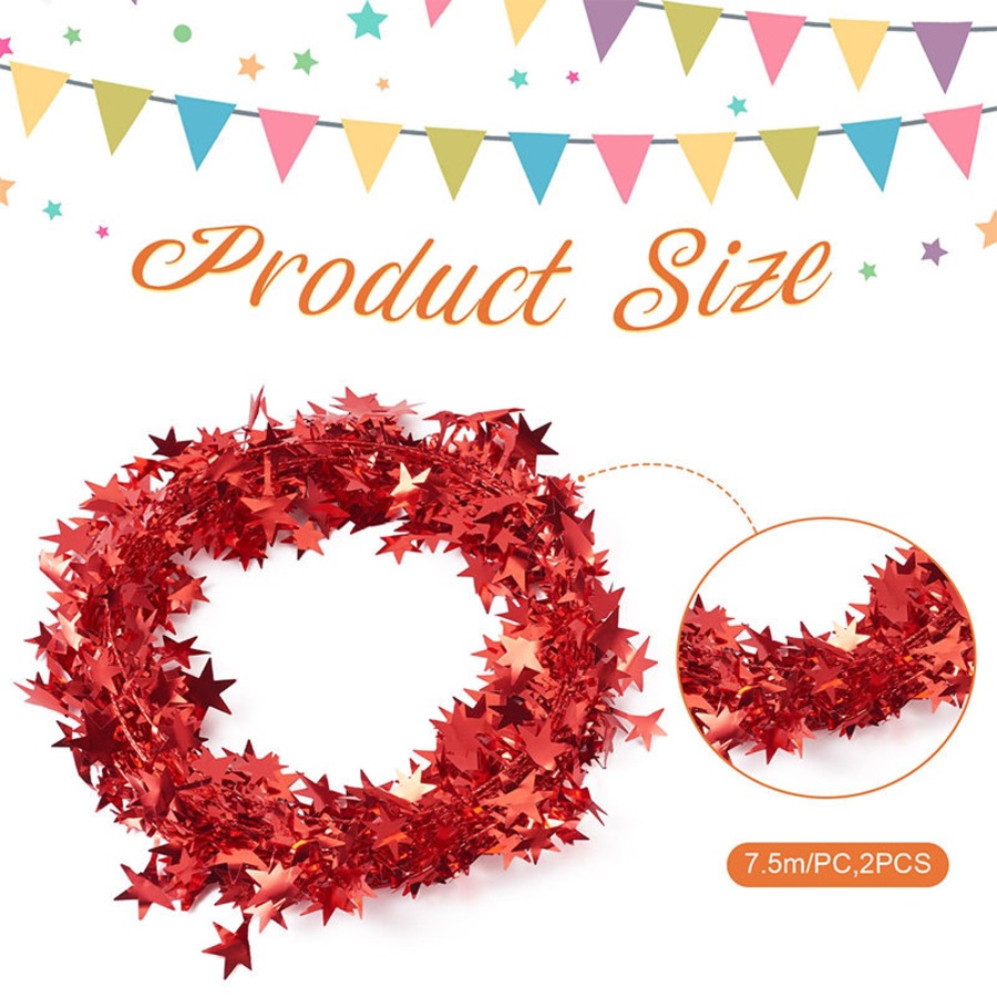 Catzon 2Pcs 24FT Star Tinsel Garlands for Holiday Wall Xmas Tree Decor-Red